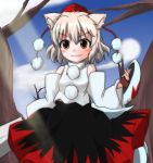  1girl animal_ears bare_shoulders blush breasts detached_sleeves fang hat inubashiri_momiji looking_at_viewer nature pom_pom_(clothes) red_eyes shield shirt short_hair silver_hair skirt smile solo syachi tail tokin_hat touhou tree wolf_ears wolf_tail 