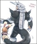  1boy 1girl animal_ears bunny_tail character_request chibi cosplay dai_(mebae16) gamagoori_ira height_difference helmet horns kill_la_kill lopunny lopunny_(cosplay) mankanshoku_mako pokemon rabbit_ears tail tail_hug 