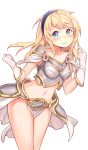  1girl armor blonde_hair blue_eyes blush embarrassed gloves hairband highres jewriel league_of_legends long_hair looking_at_viewer luxanna_crownguard midriff navel simple_background solo white_background white_gloves 