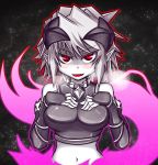  &gt;:d 1girl :d armor breasts female gauntlets grey_hair highres horns isolde_belle_of_the_underworld looking_at_viewer midriff navel open_mouth pointy_ears red_eyes smile solo spirit-edge white_skin yuu-gi-ou yuu-gi-ou_zexal 
