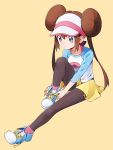  1girl :&gt; black_legwear blue_eyes brown_hair double_bun dressing full_body kurochiroko long_hair mei_(pokemon) pantyhose pokemon pokemon_(game) pokemon_bw2 raglan_sleeves shoes shorts solo twintails visor_cap 