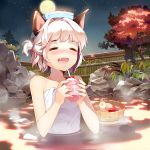  1girl animal_ears bendy_straw blush bucket cat_ears closed_eyes fang full_moon gilse moon naked_towel onsen open_mouth original partially_submerged short_hair silver_hair smile solo towel towel_on_head tree water wet 