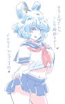  1girl alternate_costume blue_eyes blue_hair breasts hair_ornament hair_rings hair_stick heart kaku_seiga large_breasts looking_at_viewer mitsumoto_jouji panties school_uniform short_hair simple_background sketch skirt skirt_lift smile solo touhou translation_request underwear white_background 