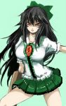  1girl arm_cannon black_hair blush bow breasts collarbone cowboy_shot ginji_(sakaki_summer) green_background green_skirt hair_bow large_breasts long_hair looking_at_viewer no_wings open_mouth red_eyes reiuji_utsuho shirt simple_background skirt solo touhou weapon white_shirt wings 