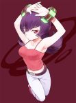  1girl armpits arms_up bangs bare_shoulders belt camisole flipped_hair from_above gym_leader kurochiroko long_hair looking_at_viewer midriff natsume_(pokemon) pokemon pokemon_(game) pokemon_hgss purple_hair red_background red_eyes solo 