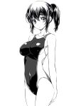  1girl bare_shoulders collarbone covered_navel cowboy_shot hair_between_eyes highres looking_at_viewer monochrome nagayori ponytail simple_background solo standing swimsuit white_background 