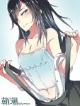  1girl asashio_(kantai_collection) black_hair blue_eyes breasts character_name clothes_down embarrassed hair_over_one_eye highres kantai_collection long_hair looking_at_viewer navel personification solo super_zombie suspenders tagme twitter_username 