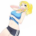  ayase_eli blonde_hair blue_eyes breasts chan_co cleavage cowboy_shot dutch_angle hair_ornament hairclip love_live!_school_idol_project midriff mound_of_venus navel one_eye_closed ponytail shirt_lift shorts simple_background sweat tank_top taut_clothes taut_shirt white_background wristband 