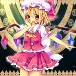  1girl ascot blonde_hair blush bow chocolat_(momoiro_piano) flandre_scarlet hand_on_own_cheek hat hat_bow looking_at_viewer mob_cap open_mouth pointy_ears puffy_short_sleeves puffy_sleeves red_eyes sash shirt short_sleeves side_ponytail skirt skirt_set smile solo touhou vest wings 