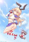  1girl 2014 :3 absurdres artist_name ass barefoot black_panties blonde_hair blue_skirt blush clouds dated elbow_gloves gloves hairband highres jewriel kantai_collection long_hair looking_at_viewer looking_back orange_eyes panties personification rensouhou-chan shimakaze_(kantai_collection) single_thighhigh skirt sky smile solo striped striped_legwear thigh-highs thong underwear white_gloves 