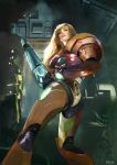  1girl arm_cannon blonde_hair daniel_oduber female headwear_removed helmet helmet_removed highres long_hair metroid power_armor realistic samus_aran solo varia_suit weapon 