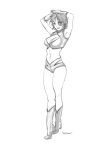  1girl arms_up boots breasts character_request cleavage cleavage_cutout darren_geers dirty_pair facial_mark full_body gloves highres knee_boots midriff monochrome navel short_hair short_shorts shorts solo 