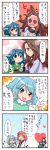  4girls 4koma ^_^ animal_ears aqua_hair blue_eyes blue_hair blush brown_hair closed_eyes comic drill_hair full-face_blush gradient gradient_background hand_on_own_chest hand_on_shoulder hands_on_own_cheeks hands_on_own_chest hands_on_own_face head_fins heart heart_background heterochromia highres horikawa_raiko imaizumi_kagerou japanese_clothes long_hair multiple_girls necktie open_mouth red_eyes redhead short_hair simple_background smile sparkle tagme tatara_kogasa tongue tongue_out touhou translation_request v wakasagihime wolf_ears yuzuna99 