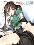  1girl brown_eyes brown_hair character_name elbow_gloves frown glove_removed gloves hair_ribbon highres hips kantai_collection long_hair looking_at_viewer no_panties open_mouth ribbon solo super_zombie thigh-highs thighs tone_(kantai_collection) twintails twitter_username 