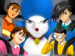  5boys bell black_eyes black_hair brown_hair chang_wufei doraemon doraemon_(character) duo_maxwell glasses gouda_takeshi gundam gundam_wing heero_yuy honekawa_suneo long_hair male minamoto_shizuka multiple_boys nobi_nobita parody ponytail short_hair style_parody trowa_barton watarui 