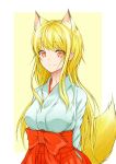 1girl animal_ears blonde_hair fox_ears fox_tail highres japanese_clothes kotibisama long_hair looking_at_viewer miko original red_eyes smile solo tail yellow_background 