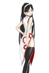  1girl alternate_costume black_hair black_legwear blue_eyes china_dress chinese_clothes drawfag from_behind hairband highres kumashiro_maya long_hair looking_over_shoulder seikimatsu_occult_gakuin side_slit solo thigh-highs 