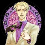  1boy arrow blonde_hair blue_eyes cheekbones formal haar_ait highres jojo_no_kimyou_na_bouken kira_yoshikage necktie sheer_heart_attack solo suit 