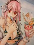  1girl bikini breasts cleavage food headphones ice_cream large_breasts long_hair looking_at_viewer macaron navel nitroplus open_clothes parfait pink_hair red_eyes solo super_sonico swimsuit 