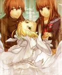  1boy 2girls blonde_hair brown_eyes brown_hair fate/extra_ccc fate_(series) green_eyes kishinami_hakuno_(female) kishinami_hakuno_(male) multiple_girls nopo_(patter) saber_bride veil 