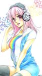  1girl blush breasts headphones large_breasts long_hair looking_at_viewer nitroplus open_mouth pink_eyes pink_hair rainbow smile solo super_sonico t-shirt 