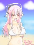  1girl bikini breasts cleavage headphones large_breasts long_hair navel nitroplus open_mouth pink_hair red_eyes smile solo super_sonico swimsuit white_bikini white_swimsuit 