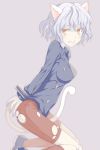  1girl animal_ears bdsm between_legs blush bondage breasts cat_ears cat_tail claws clenched_teeth hunter_x_hunter kneeling long_sleeves nefelpitou nu_(plastic_eraser) shoes short_hair shorts silver_hair solo tail tail_between_legs torn_clothes yellow_eyes 
