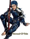 1boy barefoot blue_hair earrings fate/stay_night fate_(series) gae_bolg jewelry lancer long_hair polearm ponytail red_eyes servant_of_fate solo spear weapon 