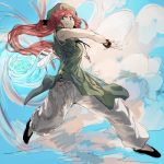  1girl alternate_costume bandages blue_eyes bow bracelet braid chinese_clothes clouds colored fighting_stance geppewi hair_bow hair_ornament hat hong_meiling jewelry long_hair looking_at_viewer looking_down necklace pants pants_under_dress redhead shirt shoes short_sleeves sketch smile solo touhou twin_braids 