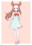  1girl brown_eyes brown_hair dress frame full_body gym_leader hair_ornament kurochiroko long_hair looking_at_viewer mikan_(pokemon) pokemon pokemon_(game) pokemon_hgss sandals simple_background smile solo twintails 