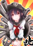  1girl akatsuki_(kantai_collection) anchor black_hair blouse brown_eyes cannon character_name flat_cap hat kantai_collection macedonian_flag muji_no_utakata personification school_uniform serafuku skirt smile torpedo turret 