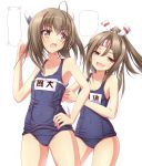  2girls brown_eyes brown_hair bust_measuring headband highres kantai_collection kk-sk-ray long_hair measuring multiple_girls personification school_swimsuit short_hair swimsuit taihou_(kantai_collection) tape_measure zuihou_(kantai_collection) 