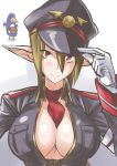  1girl absurdres between_breasts bird blonde_hair breasts brown_hair cleavage disgaea fang highres large_breasts makai_senki_disgaea_3 military military_uniform necktie_between_breasts open_clothes penguin pointy_ears prinny red_eyes salvatore short_hair smile uniform wamwam 