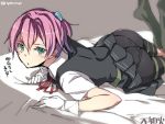  1girl aqua_eyes ass bike_shorts character_name gloves green_eyes hair_ornament kantai_collection looking_at_viewer lying on_stomach panties_under_bike_shorts personification pink_hair school_uniform shiranui_(kantai_collection) short_hair skirt socks solo super_zombie twitter_username white_gloves 