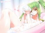  1girl artist_name bathing bathtub brown_eyes c.c. code_geass creayus green_hair heart long_hair payot smile soap_bubbles solo twintails wet 