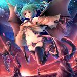  absurdres alternate_costume bare_shoulders detached_sleeves dragon_girl dragon_tail dragon_wings duel_monster fang gandora_the_dragon_of_destruction green_hair highres looking_at_viewer midriff navel red_eyes silyouta1120 sky staff star_(sky) starry_sky sunrise tail torn_clothes wings wynn yuu-gi-ou 
