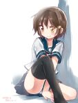  1girl brown_hair furutaka_(kantai_collection) kantai_collection ko_ru_ri neckerchief panties pantyshot pantyshot_(sitting) school_uniform serafuku short_hair sitting skirt smile solo underwear white_panties yellow_eyes 