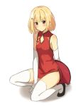  1girl bare_shoulders blonde_hair blush china_dress chinese_clothes elbow_gloves flat_chest gloves hair_ornament hairclip kinta_(distortion) looking_at_viewer open_mouth original red_eyes short_hair solo squatting thigh-highs tray white_gloves white_legwear 