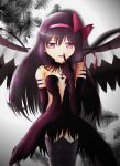 1girl absurdres akemi_homura akuma_homura argyle argyle_legwear bare_shoulders black_hair bow choker dress elbow_gloves feathered_wings feathers gloves gradient gradient_background hair_bow highres long_hair looking_at_viewer mahou_shoujo_madoka_magica mahou_shoujo_madoka_magica_movie shushing simple_background smile solo spoilers thigh-highs violet_eyes wings zettai_ryouiki 