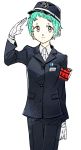  aqua_hair armband formal gloves hat looking_at_viewer persona persona_3 salute short_hair suit sutei_(giru) train_conductor yamagishi_fuuka 
