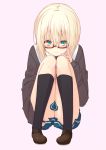  1girl blonde_hair blush bob_cut covering covering_crotch glasses green_eyes looking_at_viewer power_of_smile short_hair sitting smile solo uro 