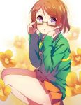  1girl bespectacled brown_eyes flower glasses highres koizumi_hanayo looking_at_viewer love_live!_school_idol_project merumayu semi-rimless_glasses short_hair skirt solo squatting thighs under-rim_glasses violet_eyes 