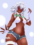  1girl alternate_costume bandages bikini_top blush breasts bridal_gauntlets cleavage ganguro highres izayoi_sakuya licking_lips looking_at_viewer maid_headdress navel open_fly red_eyes sako_(bosscoffee) short_shorts shorts silver_hair solo sweat tan tattoo thigh_strap toned touhou unzipped 