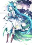  1girl 2015 aqua_eyes aqua_hair boots hatsune_miku knee_boots long_hair lyodi rabbit smile snowflakes solo twintails very_long_hair vocaloid yuki_miku 