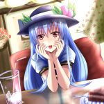  1girl blue_hair blush cake curtains cushion elbow_rest flower food fruit hands_on_own_face hat highres hinanawi_tenshi indoors long_hair looking_at_viewer peach red_eyes reflection short_sleeves sitting smile solo table touhou wendell wooden_wall 