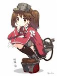 1girl brown_eyes brown_hair kantai_collection looking_at_viewer orda personification ryuujou_(kantai_collection) skirt solo squatting twintails twitter_username visor_cap white_background 