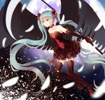  1girl aqua_hair choker elbow_gloves garter_straps gloves green_eyes hatsune_miku highres long_hair scythe skirt smile solo thigh-highs twintails very_long_hair vocaloid wings 