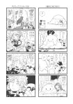  4koma ball bath brush chen chen_(cat) chibi comic flandre_scarlet hat highres hong_meiling inubashiri_momiji inubashiri_momiji_(wolf) izayoi_sakuya kaenbyou_rin kaenbyou_rin_(cat) kumoi_ichirin minato_hitori monochrome multiple_girls patchouli_knowledge poop_on_a_stick reiuji_utsuho reiuji_utsuho_(bird) remilia_scarlet toilet touhou towel towel_on_head unamused unzan 