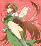  1girl bandages chinese_clothes hat hong_meiling kung_fu long_hair nobamo_pieruda open_mouth raised_eyebrow red_eyes redhead solo touhou very_long_hair 