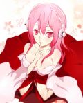  1girl blush breasts cleavage finger_to_mouth headphones highres japanese_clothes large_breasts long_hair looking_at_viewer miko nitroplus pink_eyes pink_hair solo super_sonico 